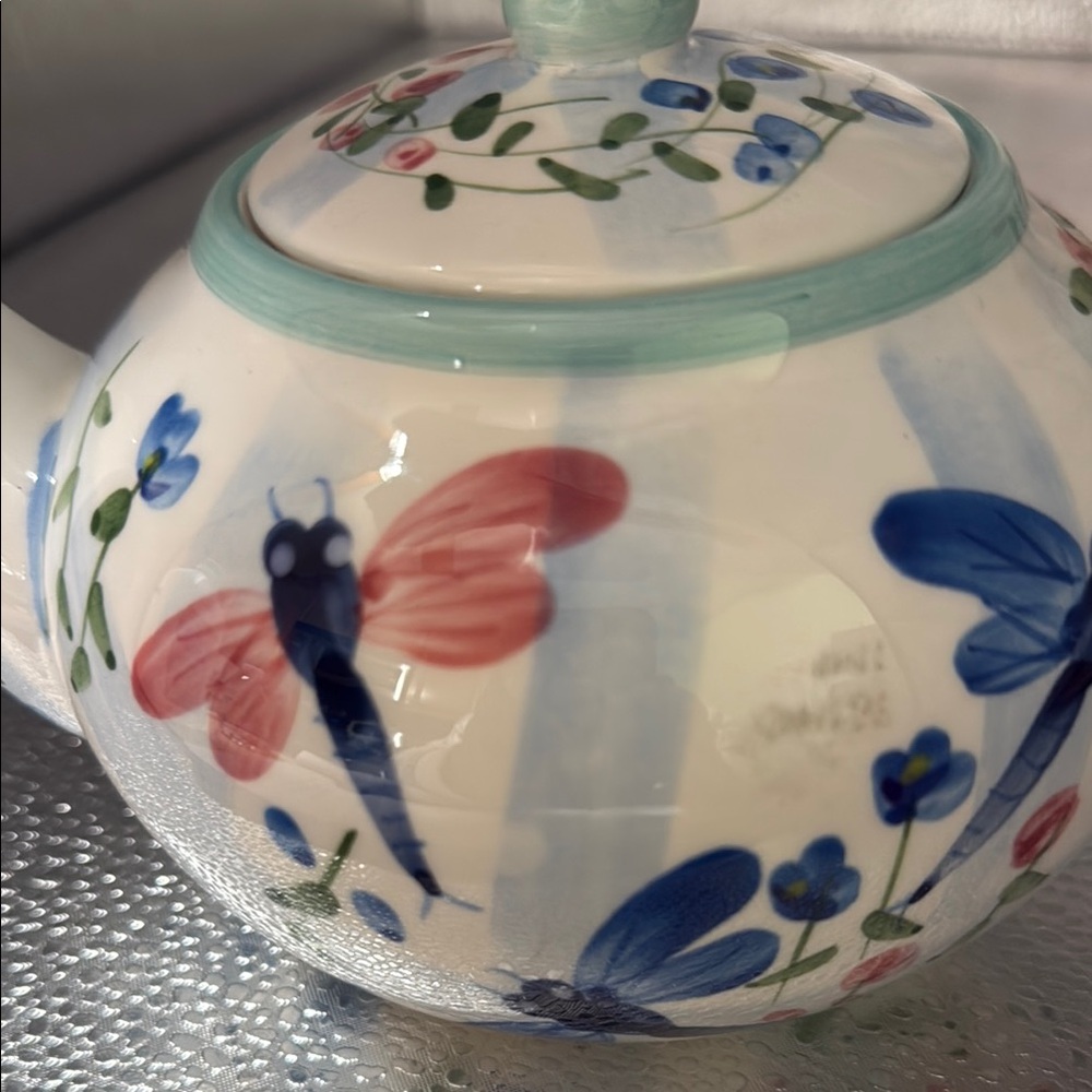 Vintage Hand Painted Floral Teapot with Dragonfly Design - Picture 4 of 8
